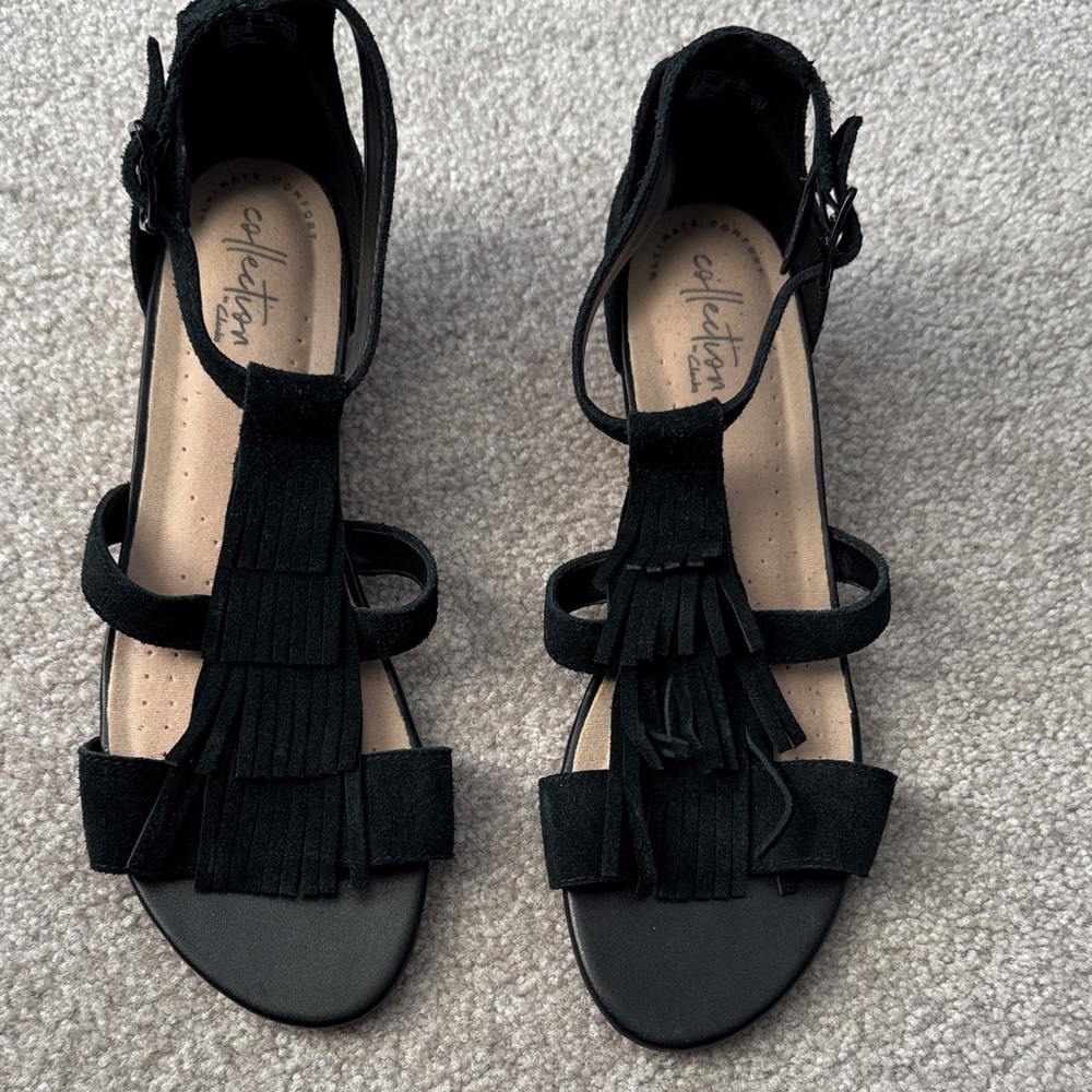Elegant Black Fringe Wedge Sandals